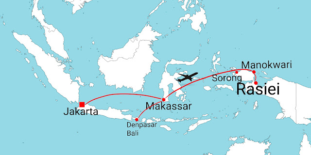 Flight route from Jakarta and Denpasar to Manokwari city and to Rasiei town of Teluk Wondama regency