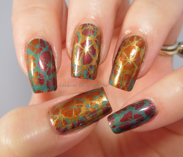 Girly Bits 1-01 stamped with Girly Bits Flame, Firebrick and Bronze Goddess, over The Lady Varnishes Hatred & Revenge