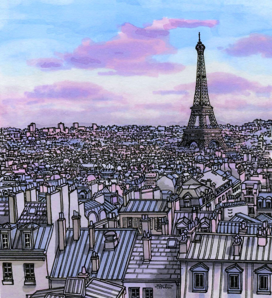 13 Artistic Illustrations Of Famous Places Around The World - Paris In Purple