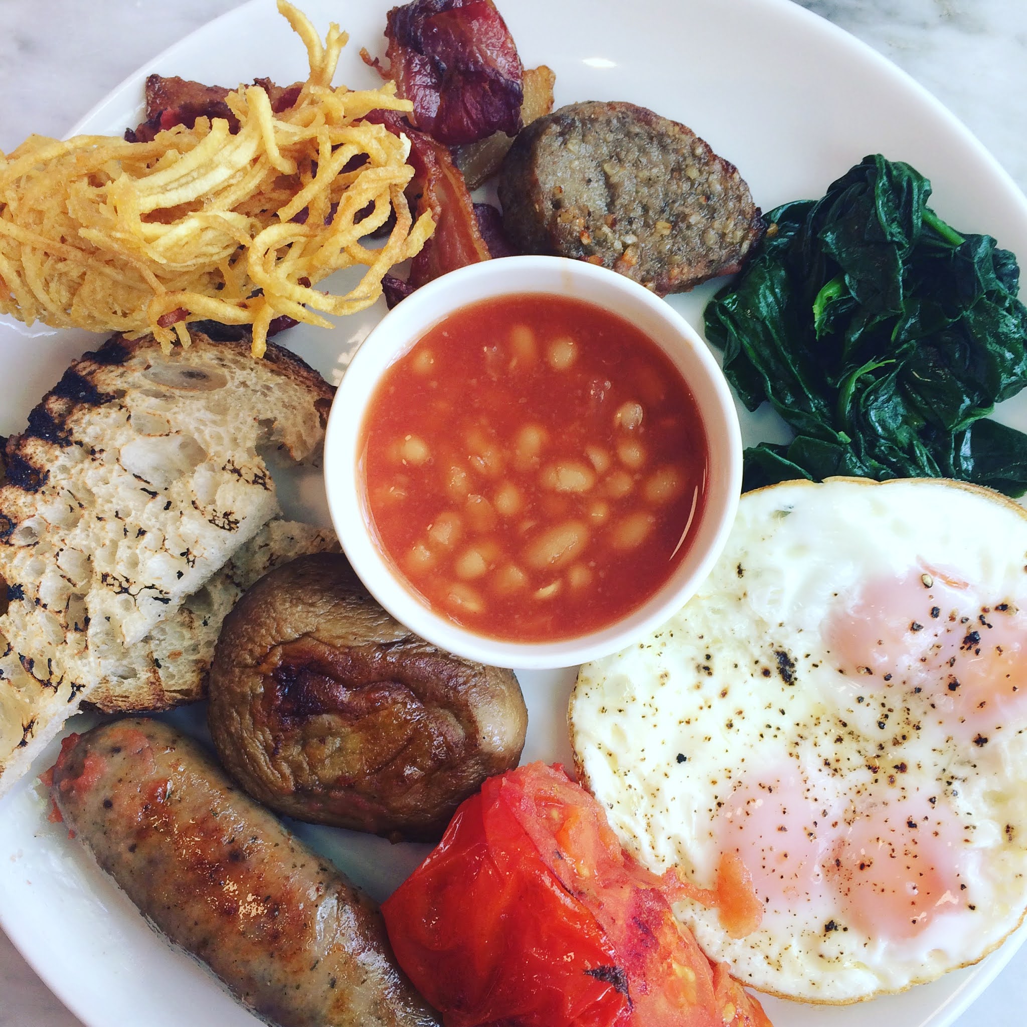 Full English breakfast at Grind Broadgate Circus, one of the best east london breakfast spots