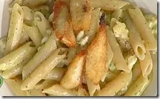 Penne con ragù di spigola e crema di melanzana