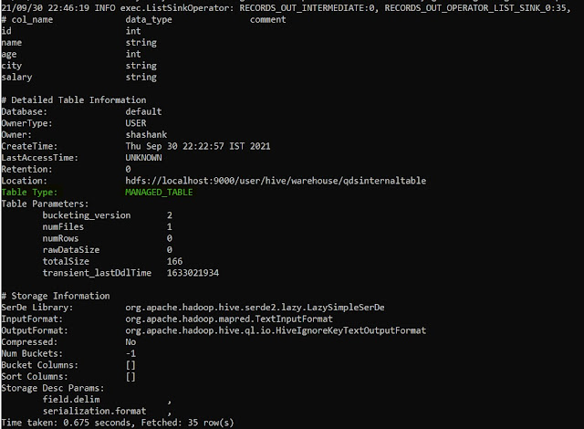 Describing Internal Table