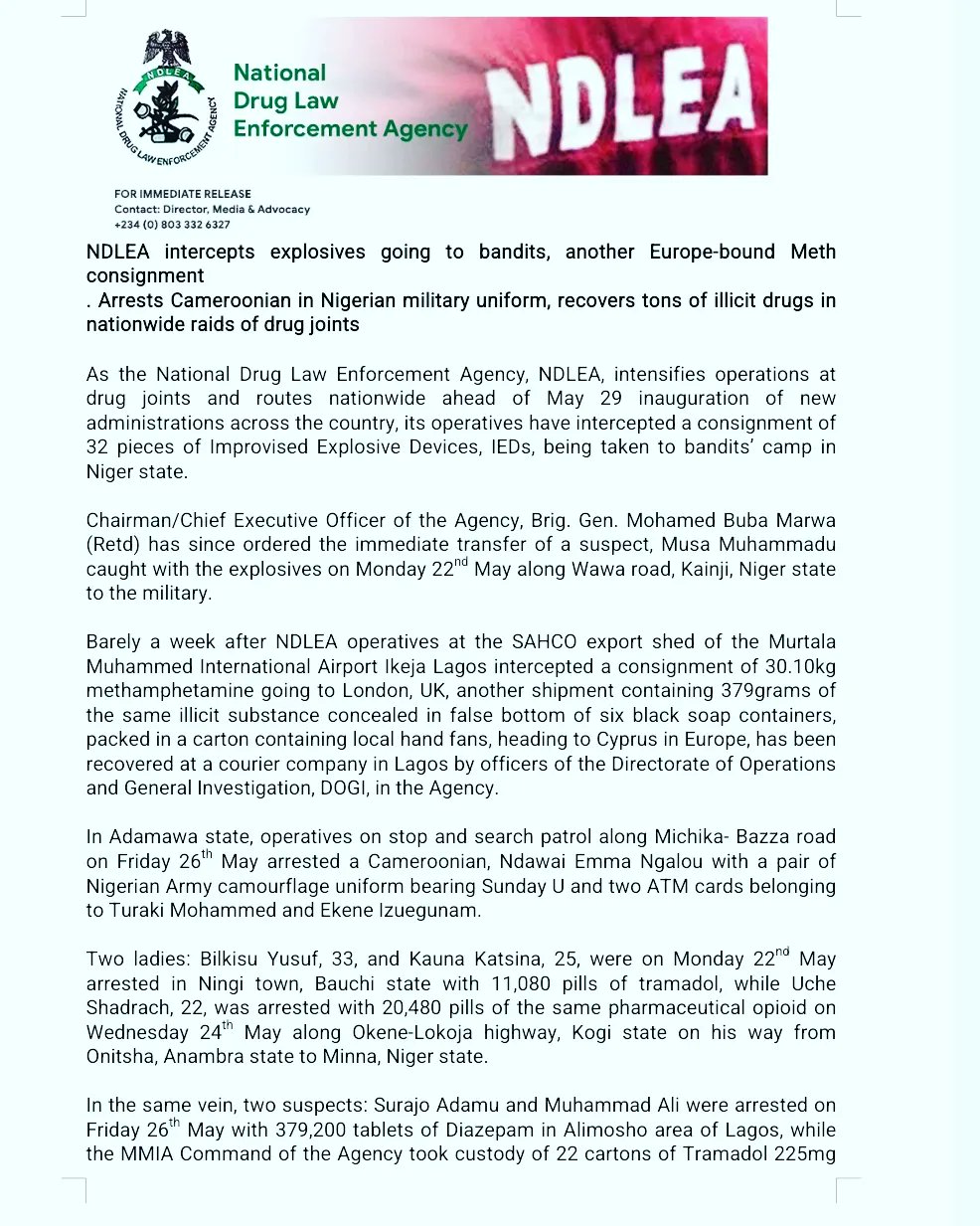 NDLEA: NDLEA intercepts explosives going to bandits, another Europe-bound Meth consignment