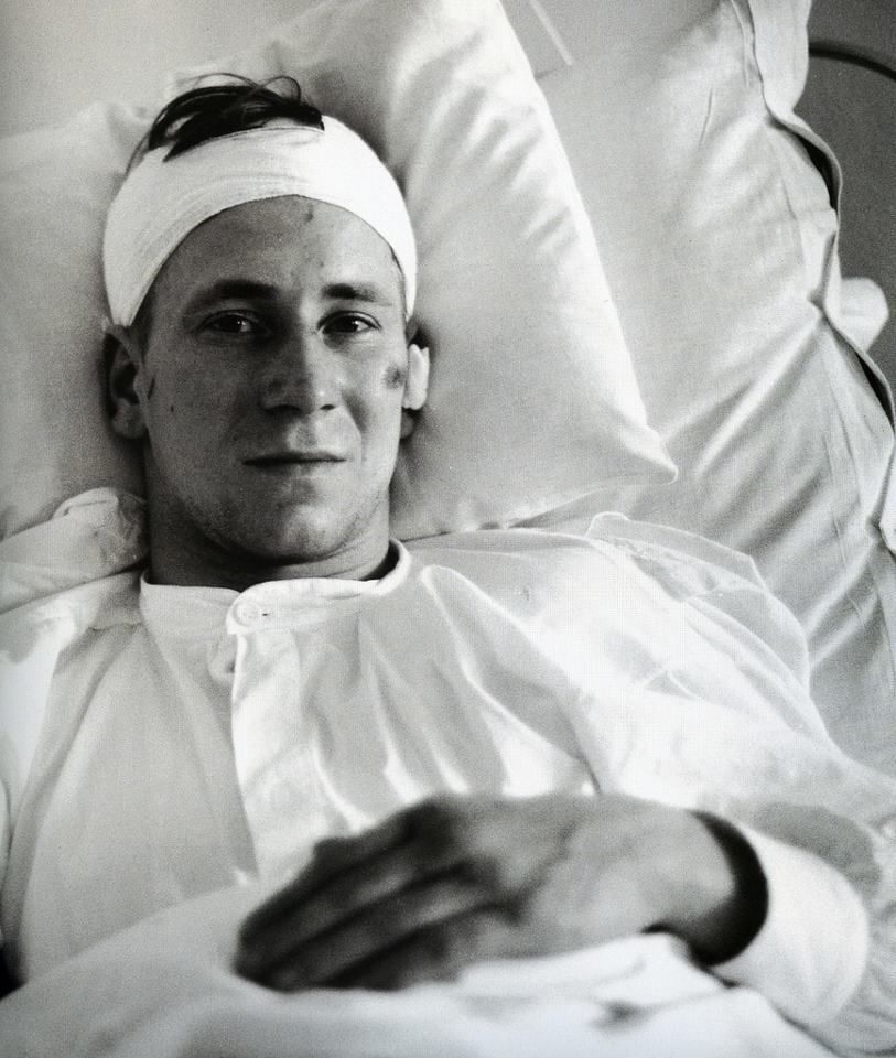 Bobby Charlton in a hospital bed after Munich air crash.