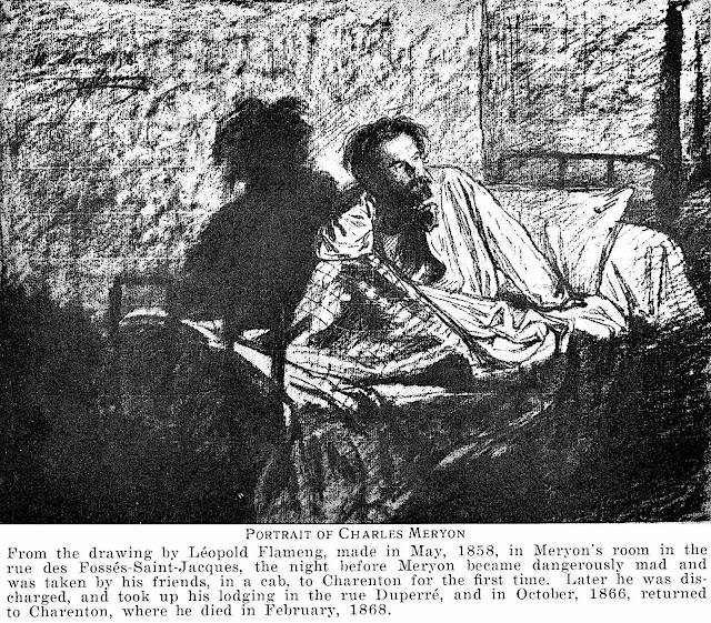 "Portrait of Charles Meryon"  the artist in an 1858 hotel bed one day before his hospitalization