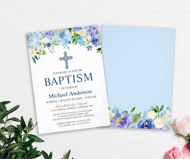  Boy Baptism Blue Hydrangea Watercolor Floral Invitation