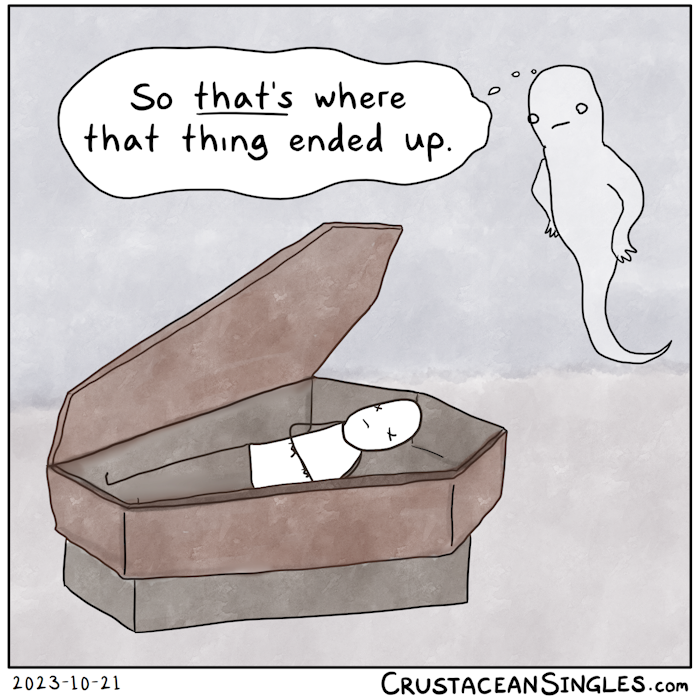 A ghost looks down at an open casket where its own former body lies. "So *that's* where that thing ended up."