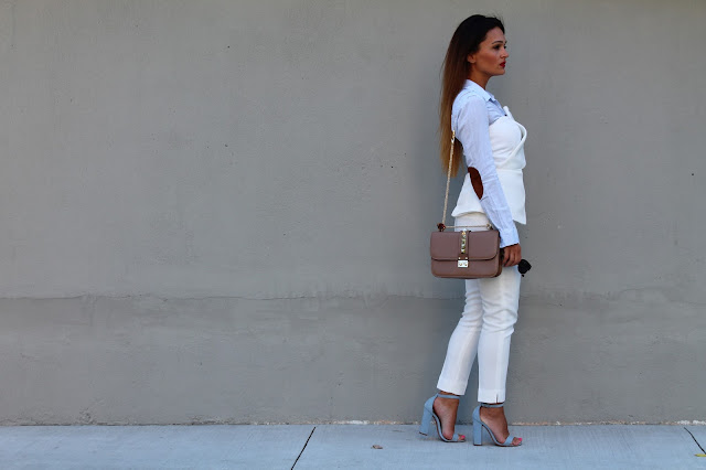 instagram, white pants, white suite, summer layering, how to layer in the summer, summer outfit, toronto blogger, valentino rockstud, pastel blue sandals, block heel sandals, schutz block heel sandal, best summer outfit, how to wear white pants