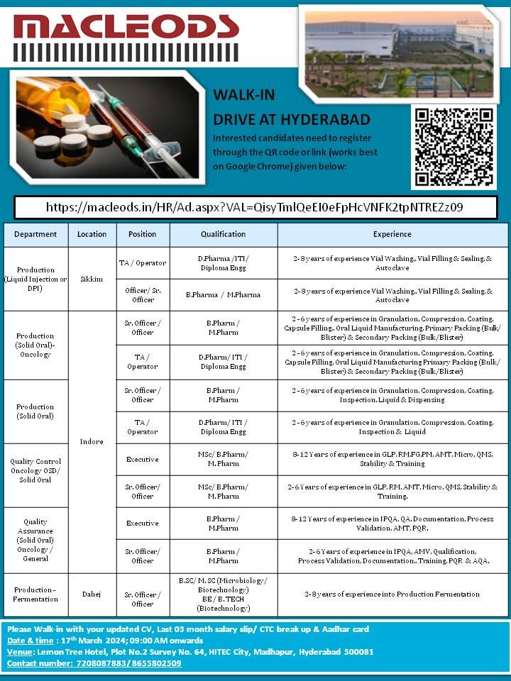 Macleods Pharma Walk In Drive For Production/ QA/ QC/ Fermentation Dept