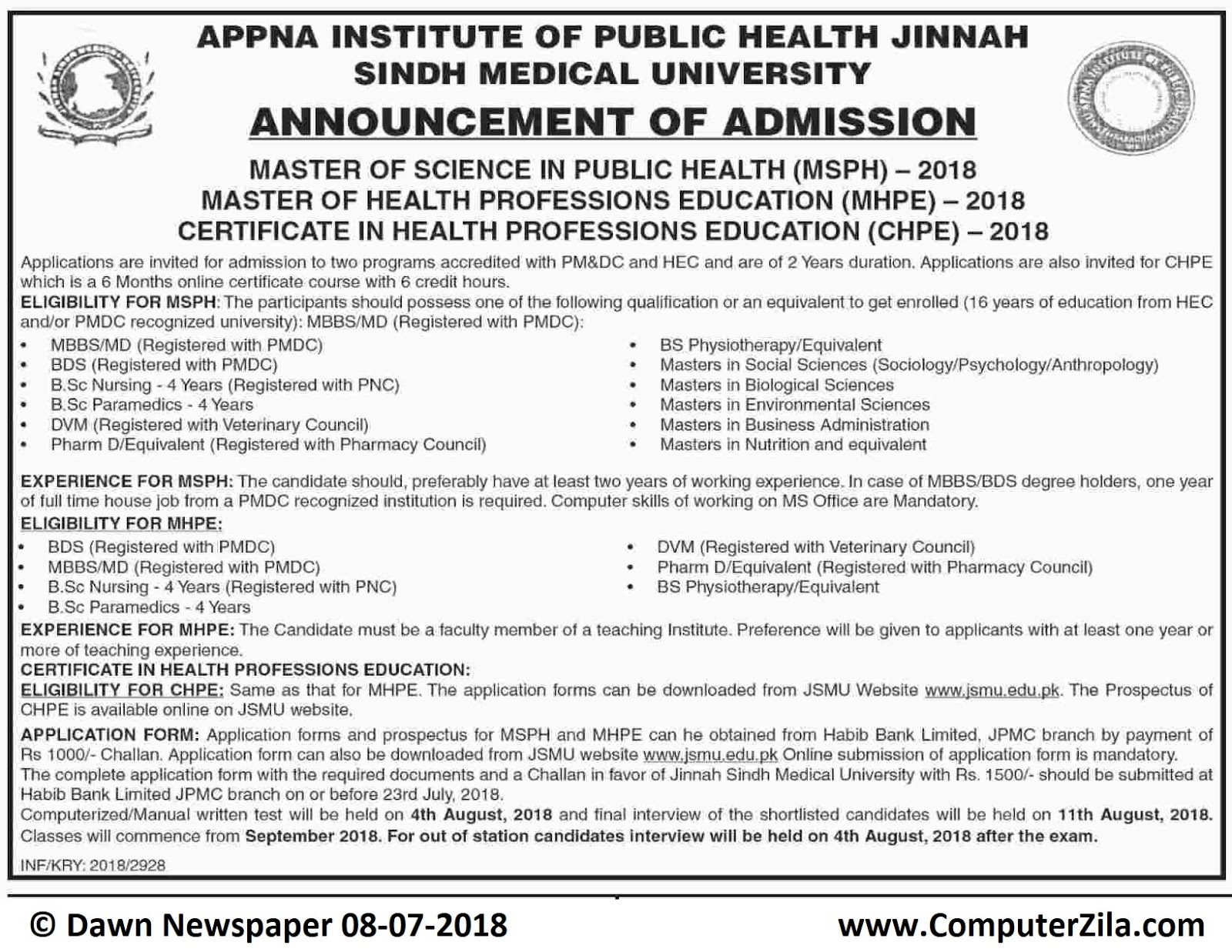 APPNA Institute of Public Health Jinnah Sindh Medical University Admissions Fall 2018