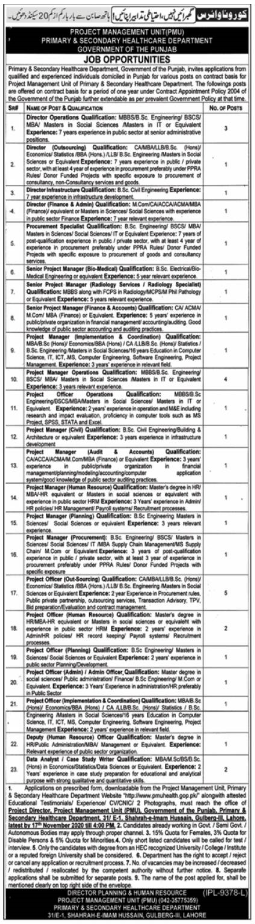 Govt of Punjab Primary and Secondary Healthcare Department Jobs 2020