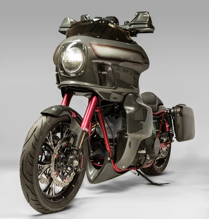 Mercenary Garage Custom Motorcycle Workshop 2020s Harley Davidson Dyna Ohlins Carbon Fibre Custom Bagger by Big Bear Performance