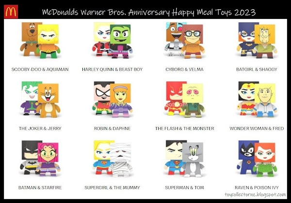 Warner Bros Anniversary McDonalds Toys 2023 Happy Meal Toy Australia and New Zealand promoted in February and March 2023 included 24 toys in total featuring tom and jerry, scooby-doo, daphne, fred, shaggy, velma, teen titans raven, starfire, beast boy, dc superheroes batman, cyborg, batgirl, robin, superman, supergirl, the mummy, the monster, poison ivy, wonder woman, the flash, the joker, harley quinn, aquaman