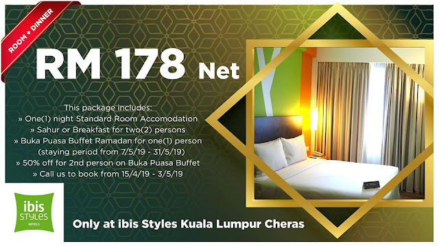 BUKA PUASA 2019 RIANG RIA RAMADHAN DI IBIS STYLES HOTELS SECARA BUFFET PALING MURAH ! - Yehaaaaaaaaaaaa, satu lagi perkongsian dari mummy untuk yang tercari-cari tempat buka puasa bulan Ramadhan BUFET RAMADAN MURAH DI KUALA LUMPUR ! Yelah, puasa pun tak lama lagi je. Tak sampai sebulan pun. Kot-kot ada yang nak propose pada bos, kawan-kawan untuk gath atau gathering family. So, korang bolehlah masukkan dalam list korang BUKA PUASA 2019 RIANG RIA RAMADHAN DI IBIS STYLES HOTELS SECARA BUFFET PALING MURAH !    BUKA PUASA 2019 RIANG RIA RAMADHAN DI IBIS STYLES HOTELS SECARA BUFFET PALING MURAH !       Sebelum mummy meneruskan cerita tentang details BUKA PUASA 2019 RIANG RIA RAMADHAN DI IBIS STYLES HOTELS SECARA BUFFET PALING MURAH !. ibis STYLES HOTELS juga ada sediakan penginapan staycation murah pada bulan puasa Ramadan 2019 kali ini.    PAKEJ PENGINAPAN MURAH ibis STYLES HOTELS    Sebenarnya, ibis Styles Hotels ni memang murah dari segi harga penginapan atau pun buka puasa secara buffet. Bagi yang nak menginap berehat di kala bulan Ramadan sambil menikmati makanan buka puasa dan bersahur. ibis STYLES HOTELS mempunyai pakej murah lagi berbaloi. Harga penginapan untuk PAKEJ PENGINAPAN MURAH ibis STYLES HOTELS ini berharga178 nett antara pakejnya  :-    *bilik untuk 2 hari 1 malam  *Sahur / breakfast untuk 2 orang  *Buka puasa Buffet Ramadan untuk 1 orang  *50% diskaun buka puasa buffet Ramadan untuk yang kedua    MENU BUKA PUASA 2019 RIANG RIA RAMADHAN DI IBIS STYLES HOTELS SECARA BUFFET PALING MURAH !   MENU BUKA PUASA 2019 RIANG RIA RAMADHAN DI IBIS STYLES HOTELS SECARA BUFFET PALING MURAH ! - Jom berbuka puasa dengan orang yang tersayang di dalam persekitaran yang ceria!         Kita berehat dari kerja masak memasak yakni "gantung kuali" dan tak perlu daripada tergesa-gesa untuk memasak   Mudah je sekarang ni, sebab apa? Sebab ada Café sTREATs untuk menikmati BUKA PUASA 2019 RIANG RIA RAMADHAN DI IBIS STYLES HOTELS SECARA BUFFET PALING MURAH !   Disini korang boleh makan malam bufet yang menyediakan masakan makanan Melayu tradisional dari seluruh negeri dengan hanya BUKA PUASA 2019 RIANG RIA RAMADHAN DI IBIS STYLES HOTELS SECARA BUFFET PALING MURAH !           Antara menu menarik BUKA PUASA 2019 RIANG RIA RAMADHAN DI IBIS STYLES HOTELS SECARA BUFFET PALING MURAH ! Termasuklah Ayam Kampung Goreng Madu Perlis, Gulai Kambing Kerisik Darat Pulau Pinang, Daging Masak Merah Johor, Ikan Tenggiri Asam Pedas Melaka dan banyak lagi!                                        Selain itu, BUKA PUASA 2019 RIANG RIA RAMADHAN DI IBIS STYLES HOTELS SECARA BUFFET PALING MURAH  juga menyediakan ruang untuk pencuci mulut, termasuk Kuih Melayu tradisional, ABC, kuih dan buah-buahan segar. HARGA BUKA PUASA 2019 RIANG RIA RAMADHAN DI IBIS STYLES HOTELS       Harga UNTUK BUKA PUASA 2019 RIANG RIA RAMADHAN DI IBIS STYLES HOTELS mulai 7/5/19 sehingga 31/5/19 sangat murah dan mampu milik, iaitu :-    RM48 nett dewasa (Early bird tarikh 1/4/19 - 1/5/19)    Harga biasa selepas 1/5/19    RM59 net untuk dewasa   RM41 net untuk kanak-kanak dan senior citizen    Ha..murah,kan ! Mummy pun terkejut sangat bila dapat tahu ada bufet Ramadan yang murah di hotel sekitar Klang Valley ni.    Jadi, jangan tunggu lama sangat ye ! Jom booking cepat di :    ibis Styles Kuala Lumpur Cheras  Jalan C180/1, Dataran C180 43200 Cheras Selangor      Booking : 03-90868888   Email : H8001-SM3@accor.com    Facebook : https://www.facebook.com/ibisstyleskualalumpurcheras/    "Glamour up and post your enjoyable moments on Facebook as we have a special spot for you to keep clicking!”