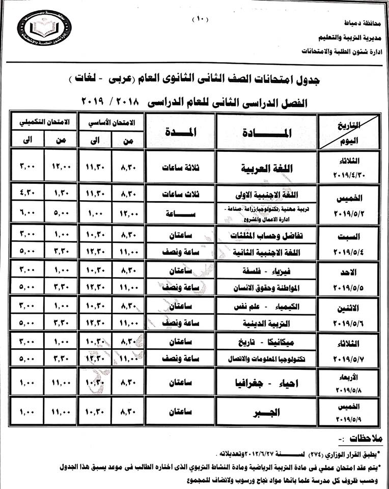 جداول امتحانات آخر العام ترم ثاني محافظة دمياط