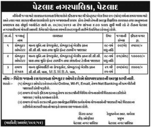 Petlad Nagarpalika Recruitment for Computer Operator and Community Organizer Posts 2016