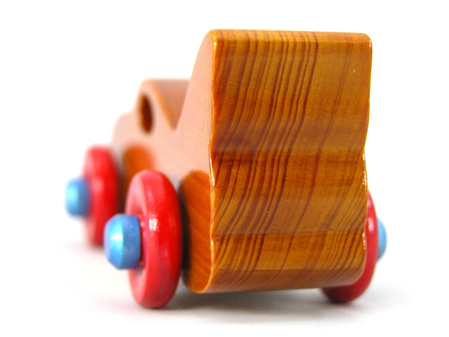 Wood Toy Bat Car from the Play Pal Collection Handmade and Painted with Amber Shellac, Bright Red, and Metallic Saphire Blue, Made To Order
