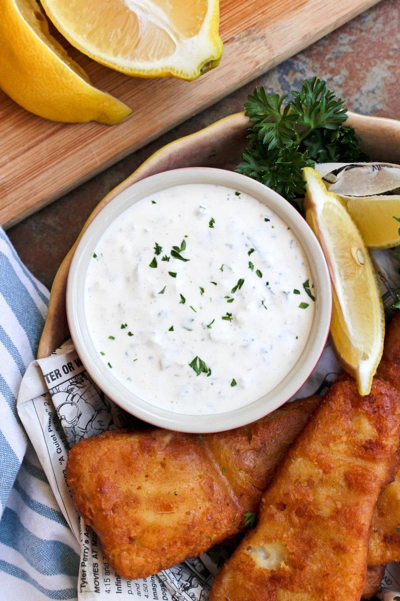 5 Minute Homemade Tartar Sauce is made with just five ingredients and comes together in less than five minutes. You will never buy the bottled stuff again! #tartarsauce