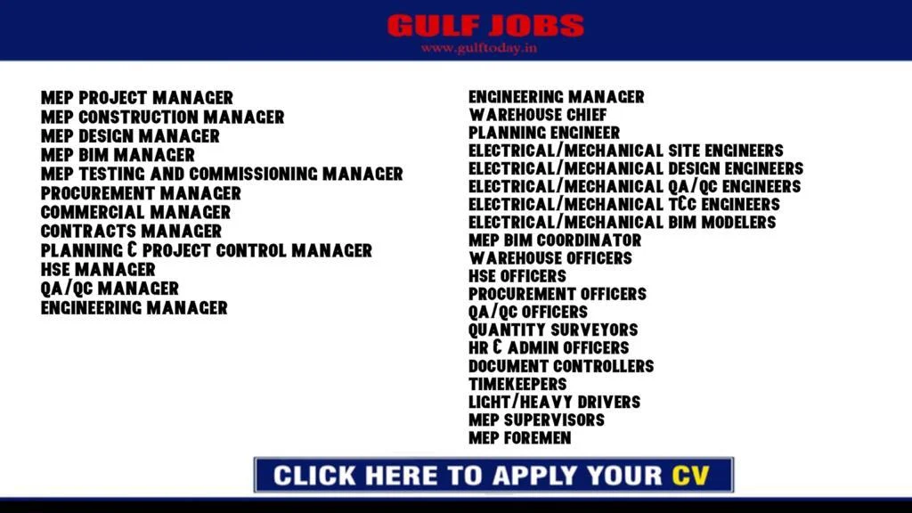 UAE Jobs-MEP Project Manager-MEP Construction Manager-Commercial Manager-Procurement Manager-HSE Manager-QA/QC Manager-Planning Engineer-Quantity Surveyors-Document Controllers-MEP Supervisors