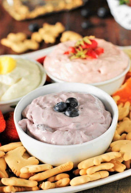 Platter of Easy 2-Ingredient Fruit Dip in 3 Flavors Image