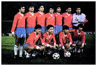 SELECCIÓN DE CHILE - Temporada 1986-87 - Jaime Pizarro , Luis Chupete Hormazabal, Patricio Reyes, Héctor Puebla, Fernando Astengo, Ricardo Toro y Roberto Cóndor Rojas; Juan Carlos Letelier, Patricio Mardones, Coke Contreras e Ivo Basay - BRASIL 0 CHILE 4 (Basay 2, Letelier 2) - 03/07/1987 - Copa América, fase de grupos - Córdoba, Argentina, estadio Olímpico