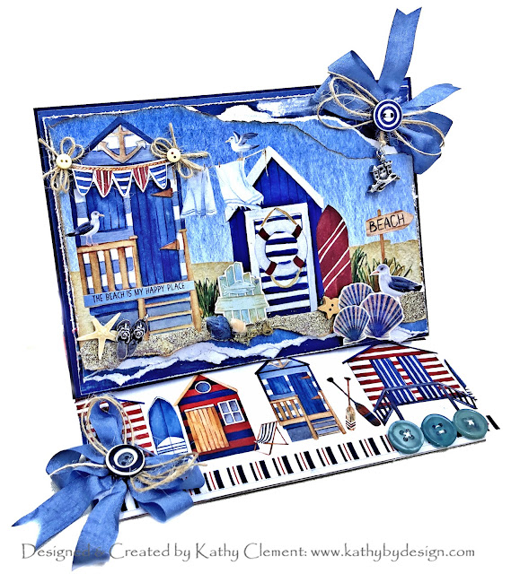 Paper Rose Beach Huts Easel Card Really Reasonable Ribbon Slate Blue Wrinkled Ribbon Kathy Clement