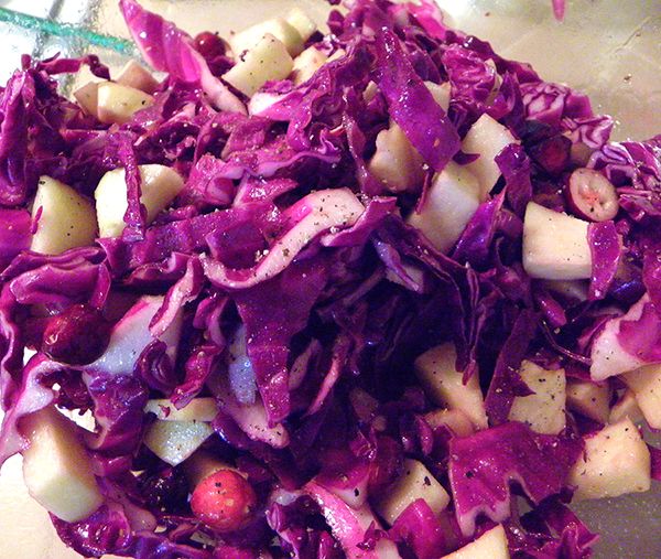 Slaw with dressing, salt, and pepper