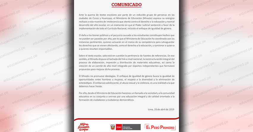 COMUNICADO MINEDU: Ministerio de Educación condena quema de textos escolares - www.minedu.gob.pe