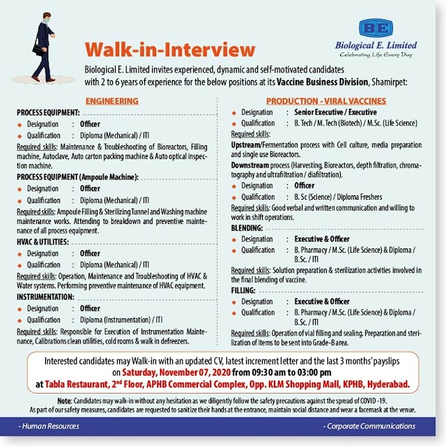 Biological E. Limited | Walk-In for Freshers & Experienced in Multiple Positions on 7th Nov 2020