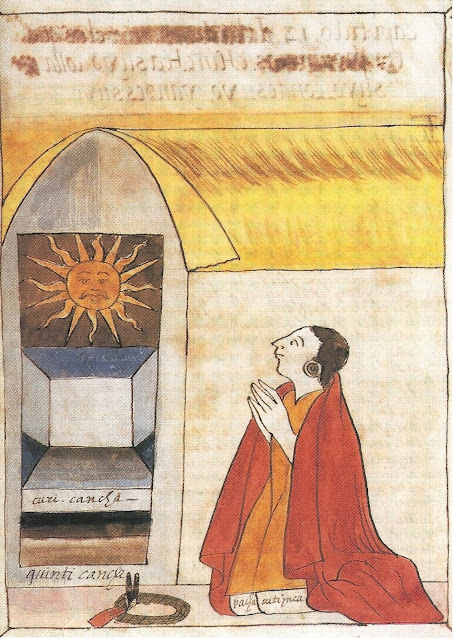 Иллюстрация 17 века Мартина де Муруа, изображающая инков Пачакутеков, молящихся Инти, богу солнца.