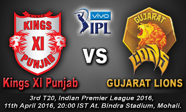 Kings XI Punjab vs Gujarat Lions, 3rd T20, Indian Premier League 2016, April 11, 2016, Live Cricket Score