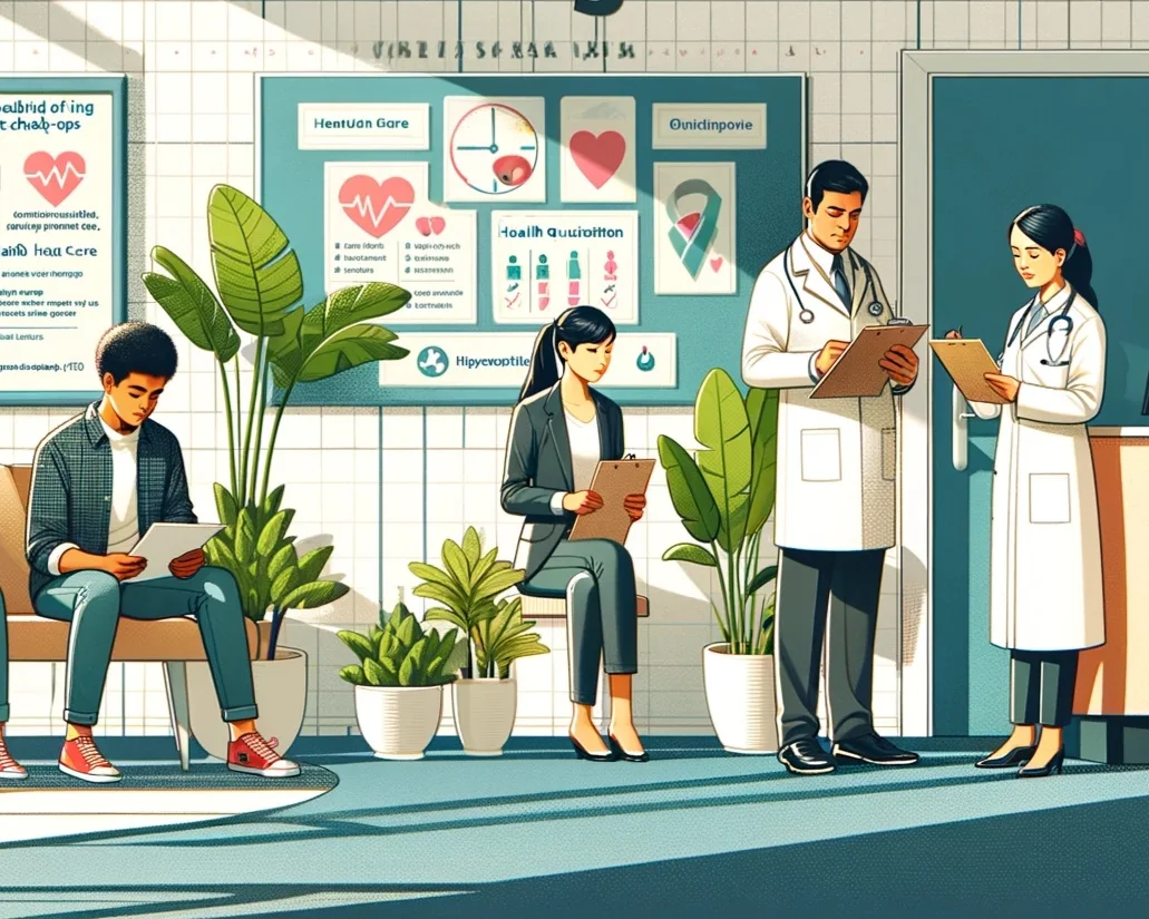 Illustration of a patient waiting area in a healthcare setting, with individuals seated and healthcare professionals discussing medical records, highlighting the importance of regular health screenings and preventative care.