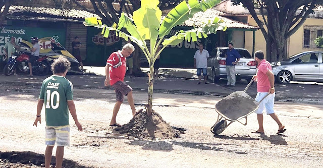 Se a moda pega: Moradores de Tianguá tapam buracos nas ruas com bananeiras 