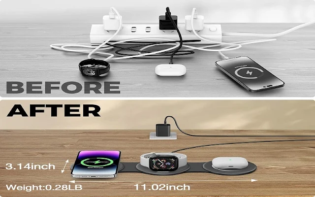 Hicober 3-in-1 wireless charger folded vs. unfolded size comparison