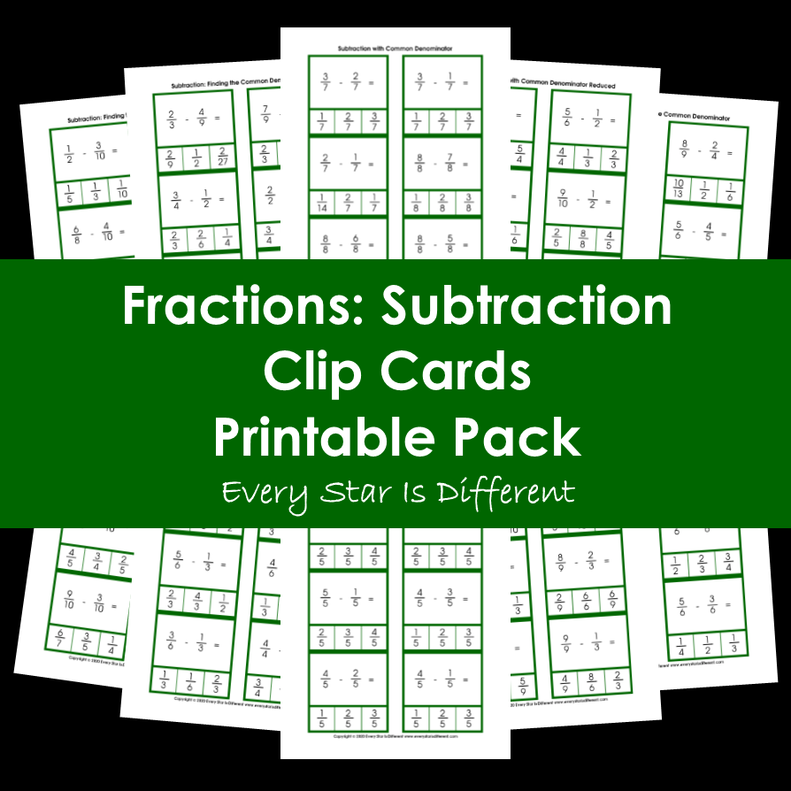 Fractions subtraction clip cards