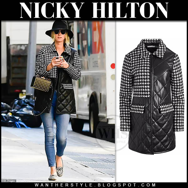 Nicky Hilton in black quilted houndstooth coat and black hat
