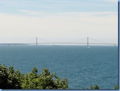 3432 Michigan Mackinac Island -  view of Mackinac Bridge and freighter from Grand Hotel