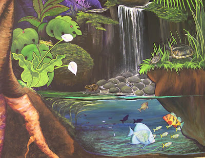 This is a detail view of the underwater scene in our jungle mural.