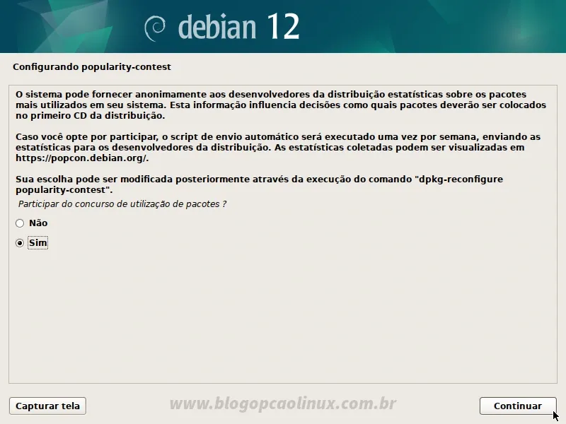 Escolha se você deseja ou não participar do 'Concurso de utilização de pacotes' do Debian