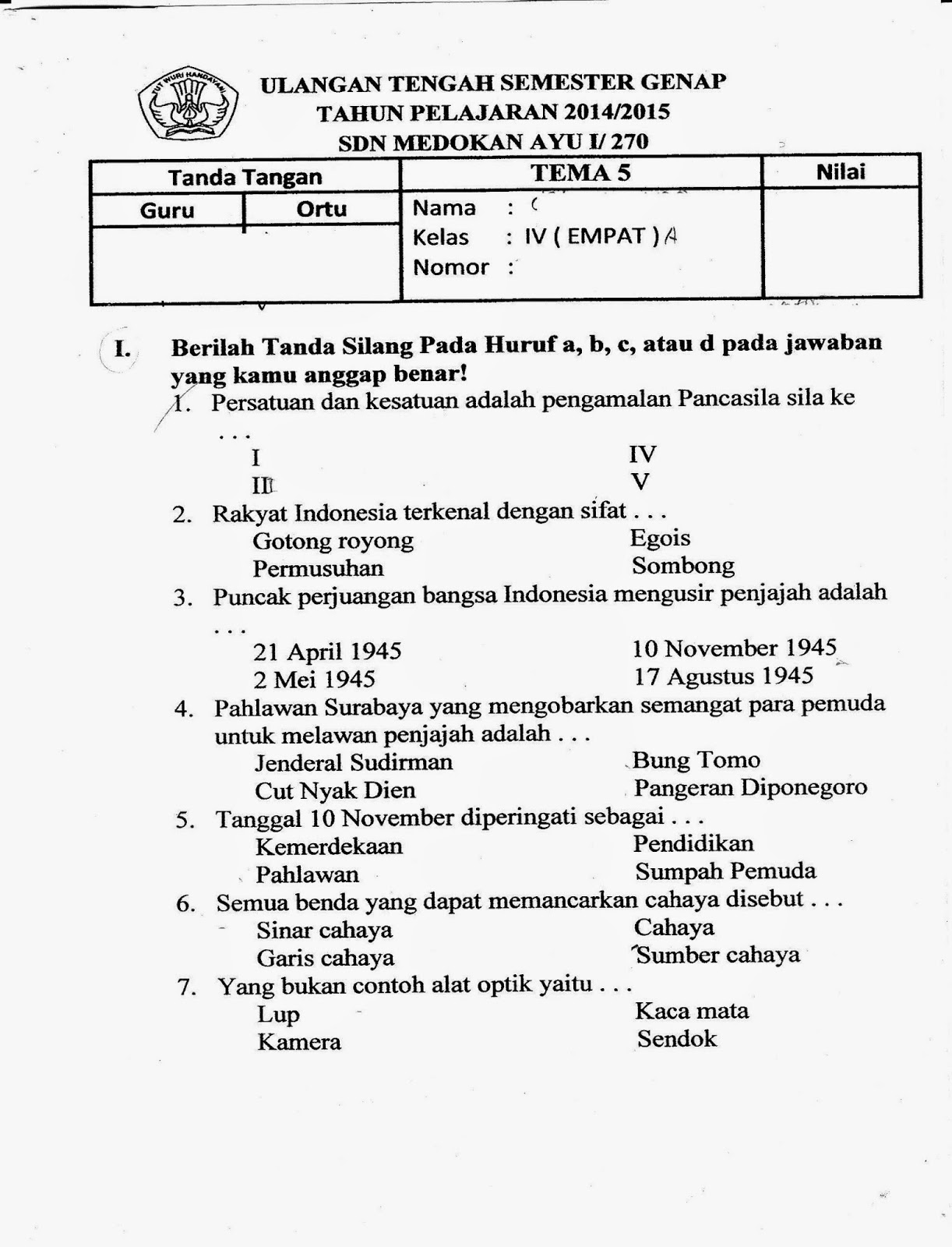 UTS Tema 5 Semester Genap Kelas 4 SD TA 2014 2015