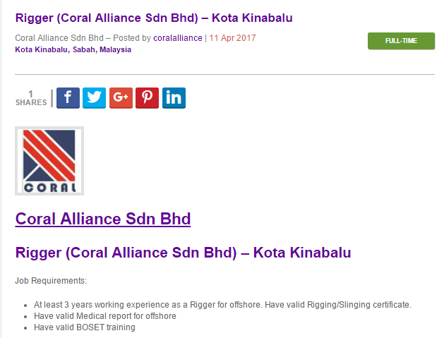 Oil &Gas Vacancies: Rigger (Coral Alliance Sdn Bhd) – Kota 