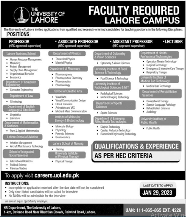 Latest The University of Lahore UOL Education Posts Lahore 2023