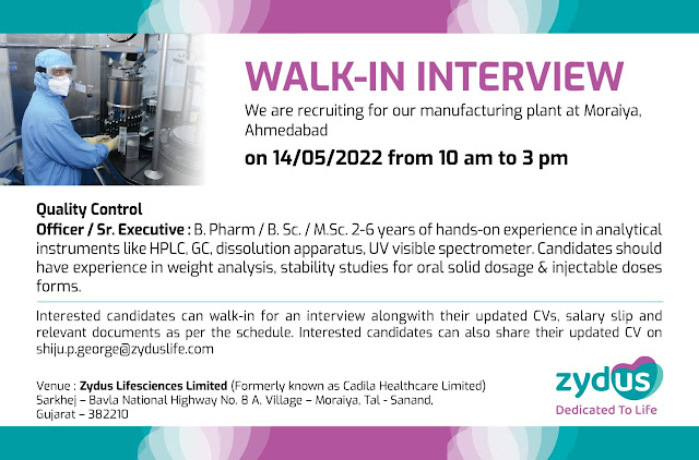 Zydus Lifesciences Ltd – Walk-In Interviews for Quality Control on 14th May’ 2022 - (B.Sc / M.Sc / B.Pharm) AndhraShakthi - Pharmacy Jobs