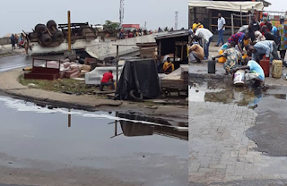 Lagos residents scoop fuel from fallen tanker at Festac