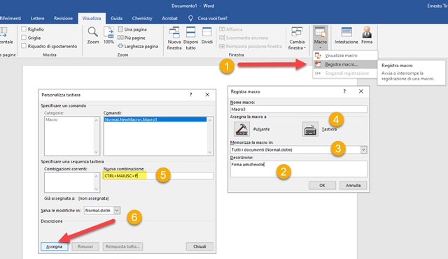 registrazione macro con scorciatoia da tastiera