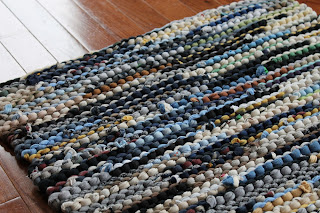 rag rug tee shirt upcycled navy blue cream black gray brown laundry workshop entry by Handiworkin' Girls