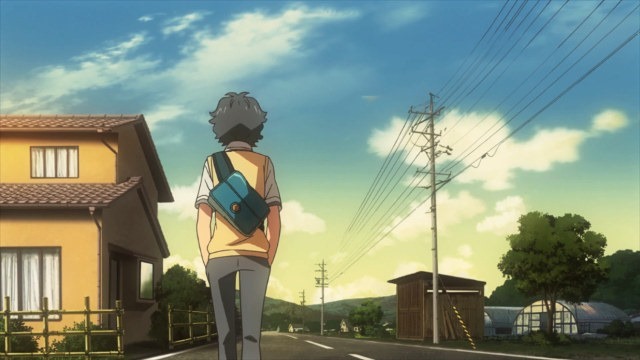 Kaito walks home along a quiet street, his back to the viewer, as the sun is just starting to set
