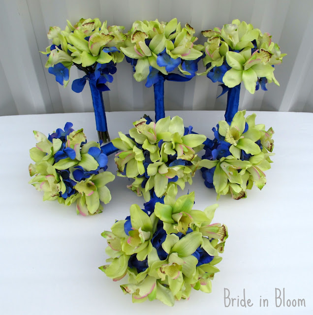 Green orchid Royal blue wedding bouquet