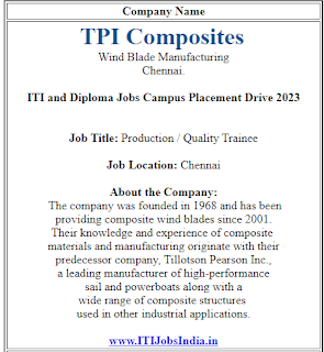 ITI and Diploma Jobs Campus Placement for TPI Composites Wind Blade Manufacturing at West Bengal and Jharkhand