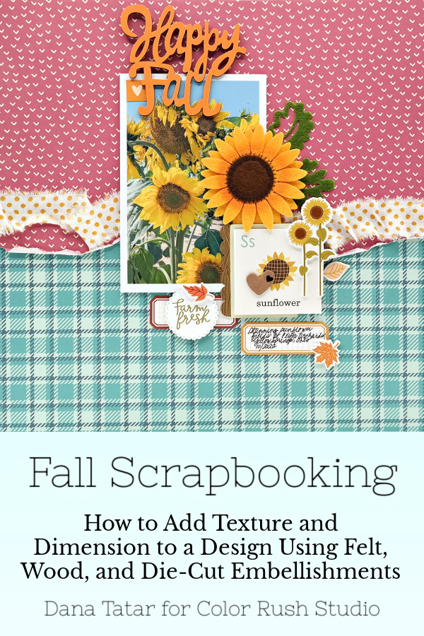 Bold Happy Fall sunflower scrapbook layout created with the Simple Stories Harvest Market collection and Color Rush Studio textured embellishments.